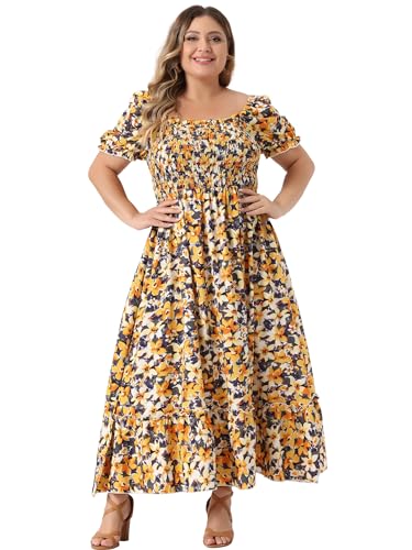Image of Agnes Orinda Plus Size Dress for Women Short Sleeve Shirred Square Neck Floral Maxi Long Dresses