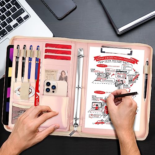 Yhmhog Portfolio Binder Organizer With Handle, Zippered Padfolio Writing Pad Legal Size Notebook Business Folder Resume Interview For Men Women, Black (Rose Gold) #TOP4