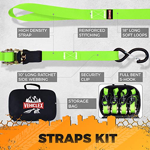 Vehiclex 2200 Lb Break Strength Motorcycle And Truck Tie Downs - 1 Inch Ratchet Straps 15 Ft - Pack Of 4 Lime Green- A Sturdy Bonus Bag & Soft Loops Included #TOP2