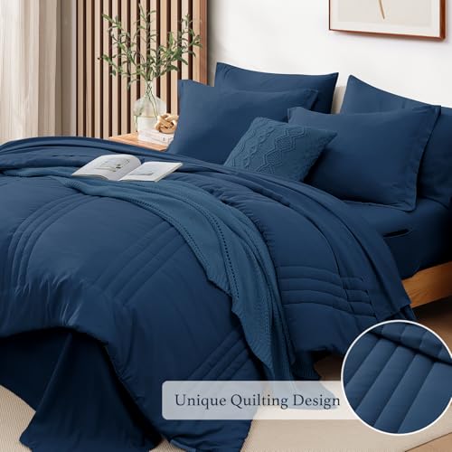 Image of Monbix King Size Comforter Set - 7 Pieces Serenity Blue Bed in a Bag, King Size Bedding Sets with Comforters, All Seasons Comforter with Sheets,Pillowcases & Shams
