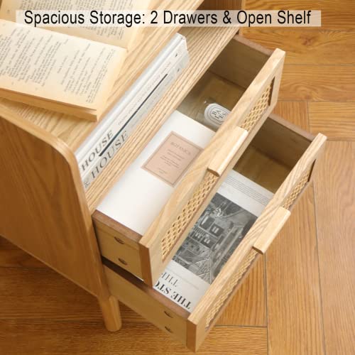 Maxsmeo Rattan Nightstand With 2 Drawers And Open Shelf, Mid Century Modern Bedside Table, Small Wooden Nightstand For Living Room And Bedroom, Natural #TOP4