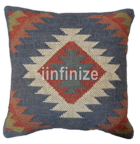Iinfinize IIN-CC-262 Wool Jute Pillow Handmade Cushion Cover Vintage Kilim Pillow Decorative Cushion Case Hippie Bohemian Pillow Throw Floor Cushion Chair Pad 18X18 Inch cover