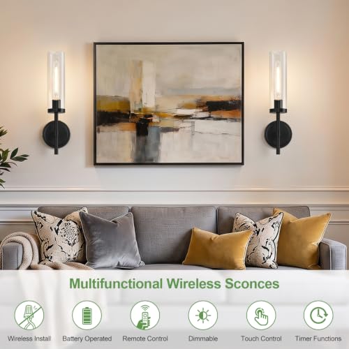 Image of Battery Operated Wall Sconce Set of 2, Matte Black Wireless Rechargeable Wall Lighting Fixtures with Remote Control, Dimmable Wall Light for Bathroom , Vanity, Living Room, Bedroom, Hallway, Stairway