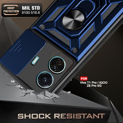 Image of Armor Bumper Back Cover Case for Vivo T1 Pro 5G / iQOO Z6 Pro 5G | Rotating Camera Cover, Ring Holder & Kickstand | Heavy Duty & 360 Degree Protection Back Cover (Blue)