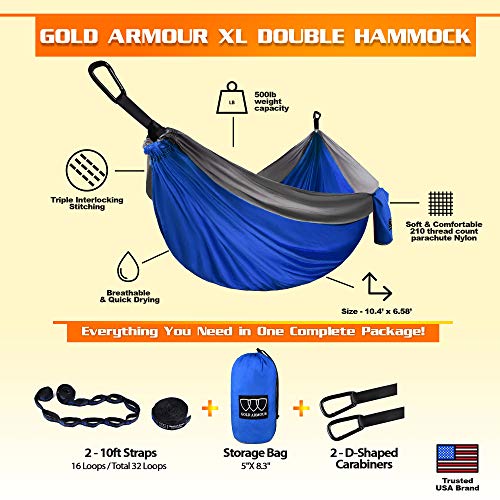 Gold Armour Camping Hammock - Xl Double Hammock Portable Hammock Camping Accessories Gear For Outdoor Indoor With Tree Straps, Usa Based Brand (Blue And Gray) #TOP1