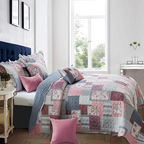 B&B King Size Quilt Bedspread Throw Quilted Patchwork Comforter 3 Piece Bedding Set + 2 Pillow Cases for Girls Bedroom Décor - 100% Cotton Warm Blanket (Blossom)