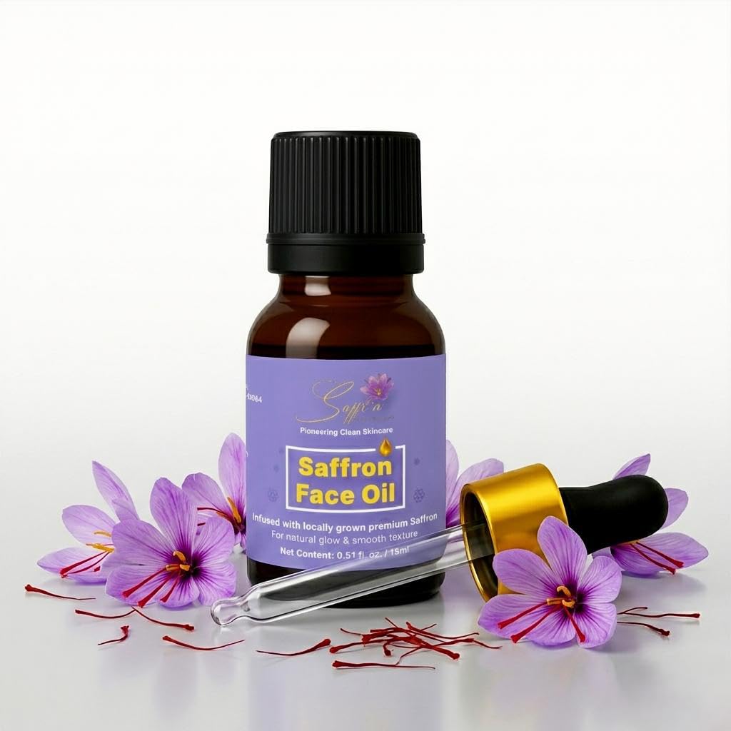 Saffr'n Brightening & Hydrating Face Oil with real and natural Saffron Strands, Squalene, Jojoba, Green Tea | 0.5 fl oz.