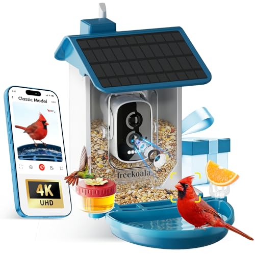 Freekoala Bird Feeder with Camera, 4K UHD AI Video Bird Feeder Camera, Solar Powered Smart Bird Feeder with Camera for Outside, Instant Arrival Alerts, 3-in-1 Design, Ideal Gifts for Bird Lovers, Blue