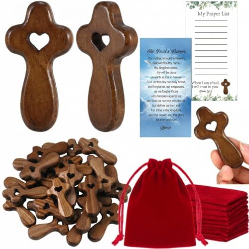 Bucherry 25 Set Wood Pocket Crosses, My Heart Small Hand Crosses