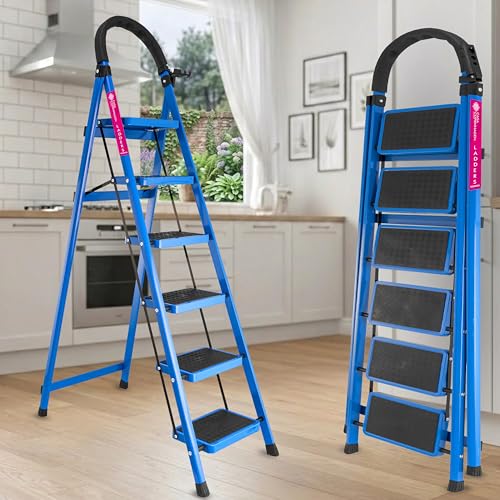 Image of Casa Copenhagen Blue 6 Step Ladder for Home Use with Built-in Tool Tray | Heavy Duty D Shape Rods | Ultra Large Platform | Wide Rubber Feet | 150Kg Capacity Foldable Ladder - 7 Years Warranty