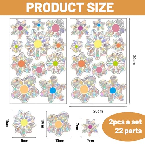 Muorruo 22 Bunte, Selbstklebende Fensteraufkleber mit Blumenmuster aus prismatischem Vinyl, Vogelschutz, Regenbogenreflexion, Sonnenfänger-Aufkleber im Blumenstil für Glasfenster