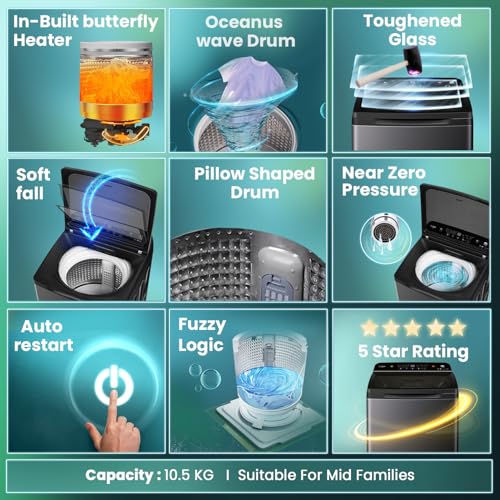 Image of Haier Smart Choice SmartChoice 10.5 kg 5 Star Inbuilt Butterfly heater, Oceanus Wave Drum Washing Machine Fully Automatic Top Load (HWM105-H688BK,Black)