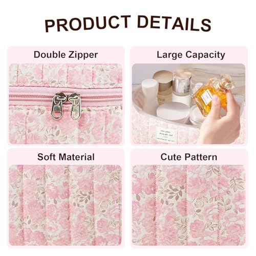 3Pcs Makeup Bag Cotton Quilted Travel Cosmetic Bag Cute Floral Makeup Pouch Large Toiletry Bag for Women Girls (Flowers-Pink3)3