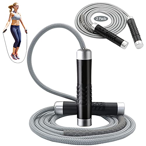 Sports Fitness Weight-bearing Skipping Rope 2pc (1.1LB), Fast Non-tangled Ball Skipping Rope, Adjustable Length Weight-bearing Cloth Rope + Spare PVC Girl Rope, Used for Skipping Fitness Sports Non-tangled Double Ball Aerobic Speed Skipping Rope(Gray)