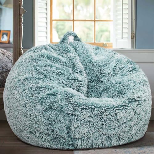 Image of Fluffy Bean Bag Chair for Kids, 2.5FT Round Memory Foam Filled Bean Bag for Teens & Kids, Ultra Soft Faux Fur Fabric Bean Bag Chairs for Playroom, Living Room, Bedroom, Dark Green