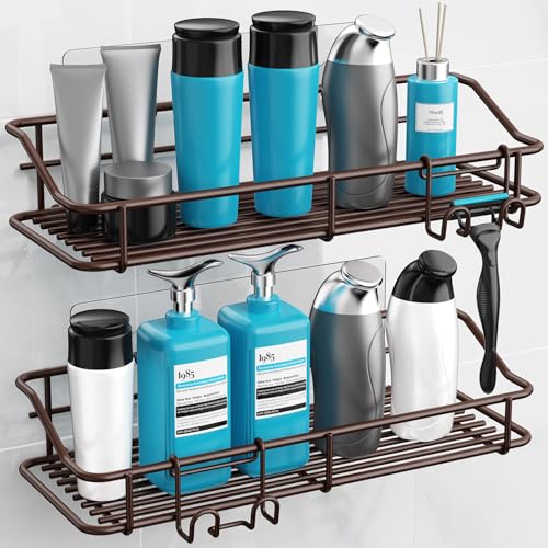 Image of Nieifi Shower Caddy Shelf Storage Adhesive Stainless Steel with Hooks for Washroom, Bathroom, Kitchen - 2 Pack Bronze | Stainless steel, 2 pack, shower rack, shower organization, with hooks, rustproof, no drilling, razor holder, brown