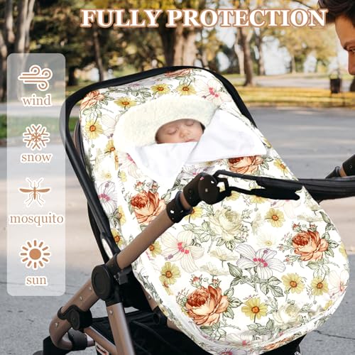 Image of Baby Car Seat Cover Winter, Super Warm Baby Carseat Cover for Girl Boy, Plush Fleece Infant Car Seat Cover, Double Sides Zipper Carseat Canopy Covers, Purple Floral, Yellow Vintage Floral