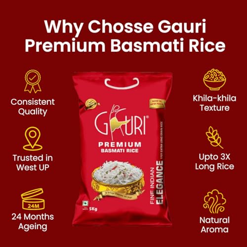 Image of Gauri Premium Basmati Rice | Long Grain & Naturally Aromatic | Aged for Flavour | Ideal for Biryani, Pulao & Daily Meals (5Kg)