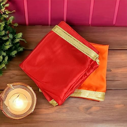 Image of Pooja Cloth for Mandir, Satin Pooja Cloth, Decoration Clothe for Temple, Mandir Ka Kapda, Red Cloth for Puja, Orange Pooja Clothe, 1 Meter Pooja Clothe (Red & Orange)