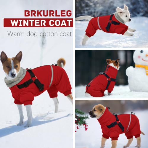 Image of BRKURLEG Small Dog Winter Coat with Harness Built in, Winter Jackets for Dogs, Fullbody Dog Coat, Dogs Snowsuits Reflective Windproof Cold Weather Coats, Pet Warm Fleece Coats, Red, L