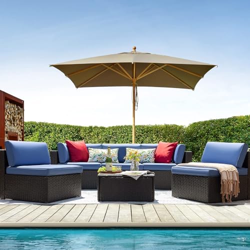 Image of 5 Seater Outdoor Patio Conversation Set Rattan&Wicker Sofa Set All Weather HDPE Seactional Couch Sofa Set Perfect for Balcony,Terrace,Garden,Backyard,Lawn (Blue)