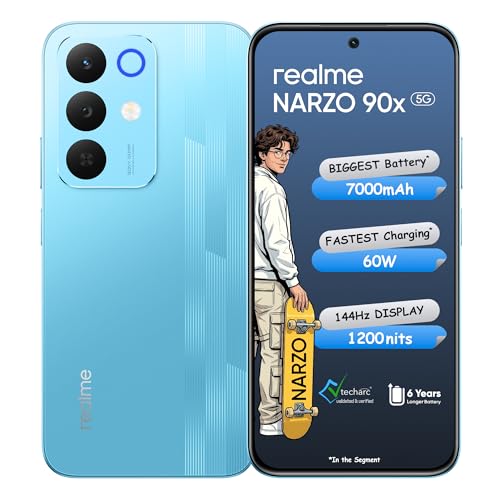 realme NARZO 90x 5G (Flash Blue,8GB+128GB) | 7000mAh + 60W Biggest Battery & Fastest Charging in The Segment* | 144Hz Bright Display | Sony 50MP AI Rear Camera | AI Assist | 400% Ultra Boom Speaker