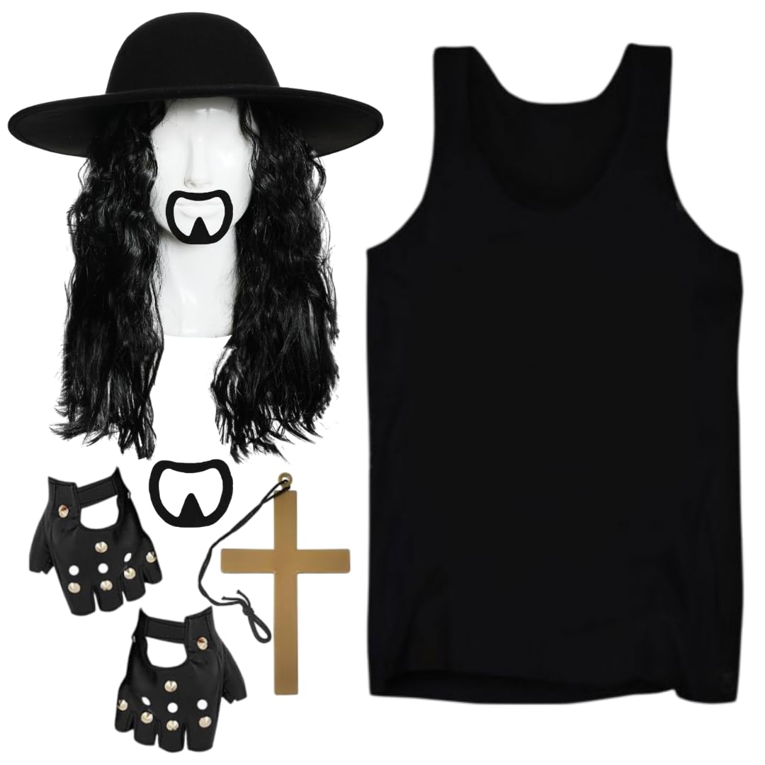 Adults 90s Wrestler Costume – Black Vest Top, Crimped Wig, Hat, Studded Gloves, Gold Cross, Black Goatee – Adults Wrestling Fancy Dress Costume