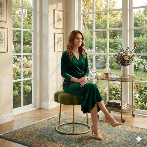 Image of Flower Ottoman Foot Stool for Bedroom and Living Room, Round Makeup Vanity Chair with Metal Legs and Soft Padded Seat-Olive Green