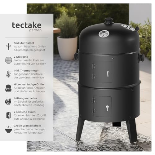 Foto von tectake® 3in1 Holzkohlegrill Smoker Räucherofen, Smoker Grill mit Thermometer und regulierbarem Luftabzug am Deckel, Wasserschale zum Dampfgaren, Holzkohle Grill mit Kohleschale und Ascherost, schwarz