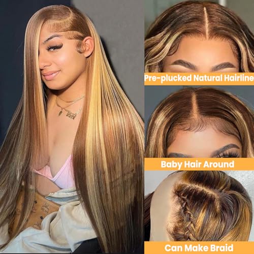 Image of LETMIEO 20 inch Ombre Lace Front Wig Human Hair 13x6 HD Straight Highlight Wig Human Hair 180% Density 4 /27 Colored Honey Blonde Lace Frontal Wigs For Women Glueless Pre Plucked with Baby Hair