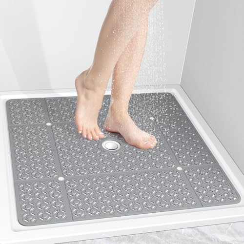 OTHWAY Square Shower Mat, 27"x 27" Extra Large Shower Mats for Inside Shower, TPE Anti Slip Shower mat with Suction Cups Drain Holes, Machine Washable Shower Floor Mat (Grey) by OTHWAY - Used condition - CA$29.37