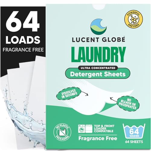 Image of Lucent Globe Laundry Detergent Sheets. Pre-Measured Laundry Sheets. Powerful Stain Removal. Works in All Clothes Washers. (1 Pack - 64 Washes, Fragrance Free)