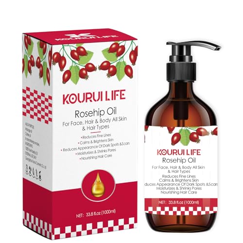 KOURUILIFE Hagebuttenöl 33.8oz(1000ml) 100% Rein Natürlich, Kaltgepresst, Unraffiniert, Vegan - Natural Moisturiser Premium Hagebuttenkernöl für Gesicht, Körper, Haare, Haut, Nägel