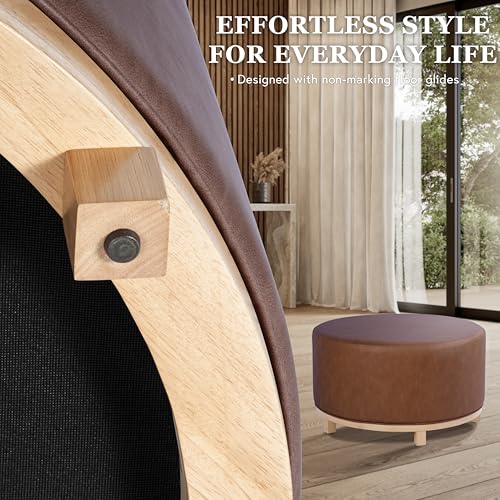 Image of HomePop 32 inch Haven Ottoman with Wood Base - Chestnut Brown Faux Leather