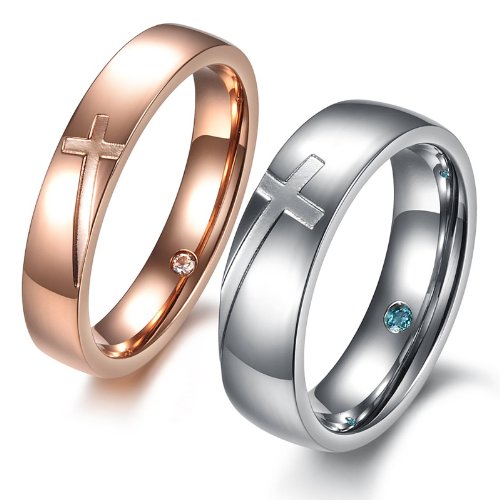 TEMICO His & Hers Cross Design Stainless Steel Matching Couple Rings Set Wedding Bands, Silver/Rose Gold