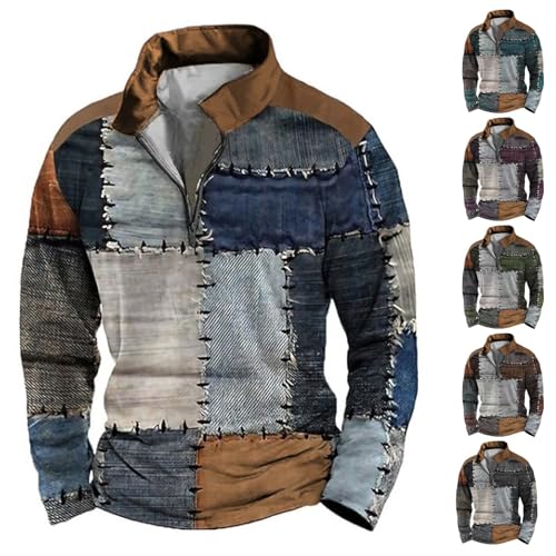 Herren Retro-Pullover, Patchwork-Pullover, Vintage-Patch-Pullover, halber Reißverschluss, langärmelig, 1/4-Reißverschluss, Herbst-Sweatshirt, bunt, lässig, Hippie-Tops, Stehkragen, ohne Kapuze Herren Retro-Pullover, Patchwork-Pullover, Vintage-Patch-Pullover, halber Reißverschluss, langärmelig, 1/4-Reißverschluss, Herbst-Sweatshirt, bunt, lässig, Hippie-Tops, Stehkragen, ohne Kapuze