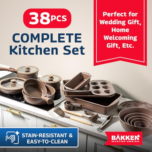 Bakken-Master-38-Piece-Granite-Cookware-and-Bakeware-Set–Nonstick-Granite-Coating-Pots-and-Pans-with-Detachable-Handles-and-Tempered-Glass-Lids-6-piece-Bakeware-set-12-piece-Mixing-BowlsBrown Bakken Master 38 Piece Granite Cookware and Bakeware Set–Nonstick Granite Coating Pots and Pans with Detachable Handles and Tempered Glass Lids 6 piece Bakeware set 12 piece Mixing BowlsBrown