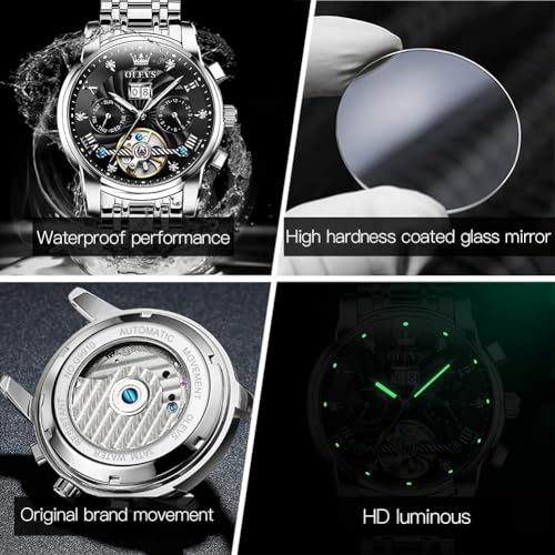 Image of OLEVS Self Winding Watches for Men Automatic Mechanical Skeleton Luxury Dress Waterproof Moon Phase Tourbillon Chronograph Stainless Steel Luminous Wristwatch