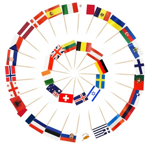 AhfuLife 100PCS Cure dent Drapeau du Monde, Pic Drapeau Pays du Monde pour Topper de Coupe, Petit Drapeau Pays pour Décor Euro Football Match 2026 Eurovison...