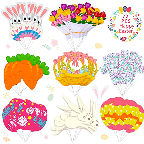 72Pcs Easter Cupcake Toppers, Easter Egg Bunny Rabbit Theme Spring Party Decoration Dessert Supplies Favor