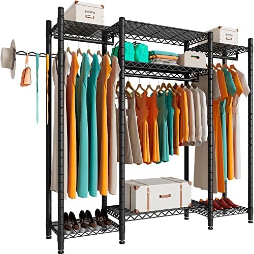 PUNION Clothing Rack Heavy Duty Clothes Rack, L Shaped Pro Garment Rack with 7 Shelves, Sturdy Metal Wardrobe Closet Rack for Hanging Clothes, 56" L x 14" W x 71" H, Max Load 520lbs, Black, GR7L