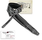 Walker & Williams C-22-XL Premium Black Grain Leather Guitar Strap Extra Long Double Padded up to 61' For Acoustic, Electric, And Bass Guitars