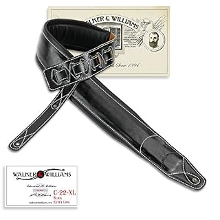 Walker & Williams C-22-XL Sangle de guitare extra longue rembourrée en cuir grainé Noir 147,3 cm, Black - Les Beatles, Paul McCartney, John Lennon, RIngo Starr, George Harrison