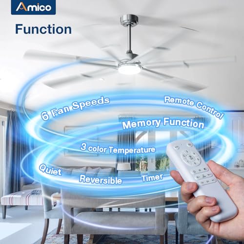 Image of Amico Ceiling Fans with Lights,66 inch Nickel Ceiling fan with Light and Remote, 6 Speed Reversible DC Motor, 3CCT, Dimmable, Quiet, Timer, Outdoor Ceiling Fan with Light for Patios, Indoor /Outdoor