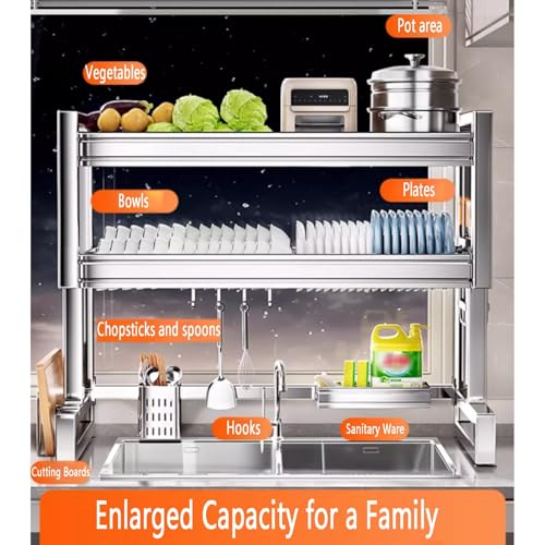 Escurridor de platos para fregadero de 2 niveles, estante multifuncional de acero inoxidable 304 que ahorra espacio, duradero y fácil de montar para soluciones de secado eficientes