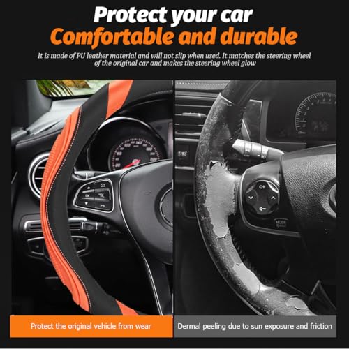 Image of Osilly 15 Inch Car Leather Steering Wheel Cover, Automotive Accessories Elastic Breathable Anti-Slip Soft Wheel Protector Fits Men and Women, Suitable for SUVs, Trucks, Vehicles and RVs (Orange)