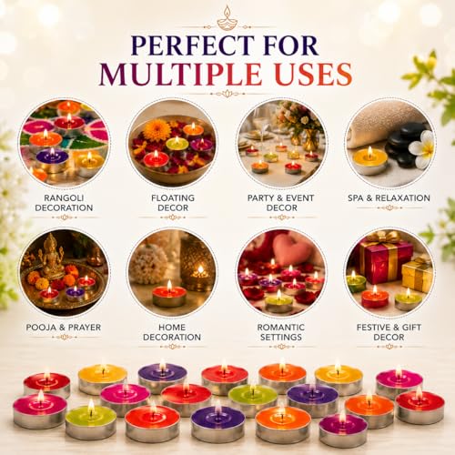 Image of Bindian Candle Tealight Candles, 100% Paraffin Wax Candles for Decoration, Smokeless Tea light Candle 50 pcs for Home Decor, Diwali Decoration, Wax Candles 1-1.5 Hour Burn Time (Pack of 50 Multicolor)