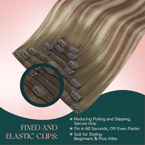 Image of Easyouth Balayage Clip in Hair Extensions Balayage Hair Extensions Clip ins Dark Brown Ombre Light Brown with Blonde Straight Clips in Real Hair Extension Easy of Use 16 In 120G 7Pcs