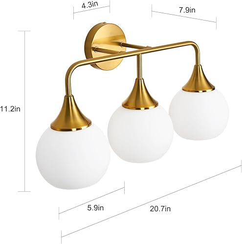 Miniatura 3 de Modernas luces doradas para tocador de baño, lámparas de baño de 3 luces sobre espejo con pantalla de vidrio blanco leche, aplique de pared moderno,