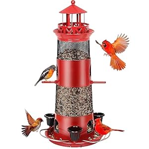 Bird Feeders for Outdoors Hanging, Squirrel Proof Birds Feeder 4 Lbs Seed Large Capacity, Wild Bird Feeder for Outside with 5 Ports, Lighthouse Metal Bird Feeder for Small Birds, Cardinal, Finch